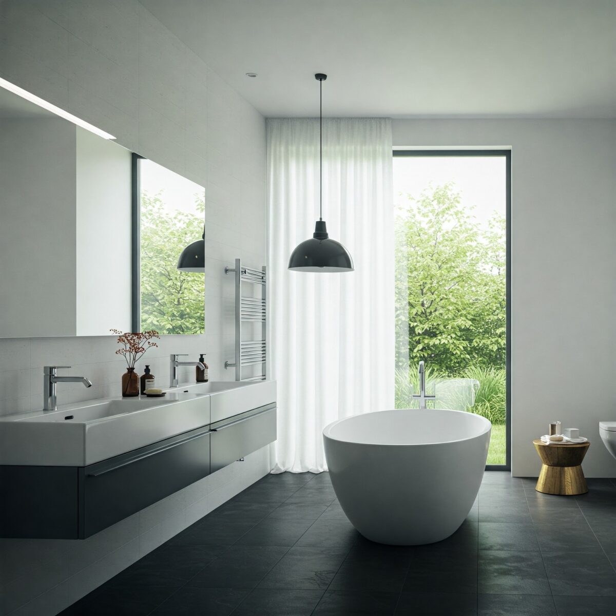 Um banheiro contemporâneo com um ar minimalista, apresentando um design elegante e moderno.