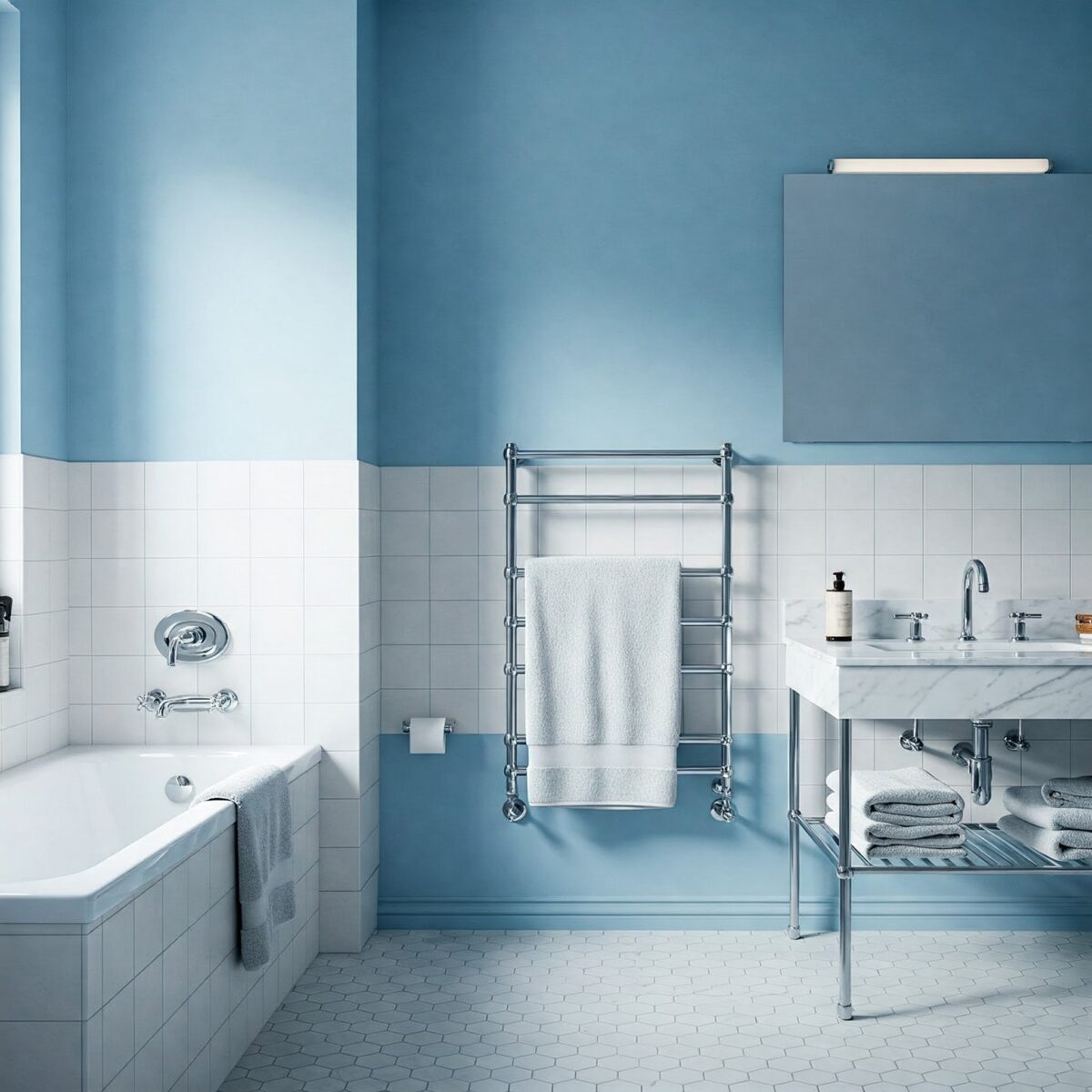 Quinze Inspirações em Azul e Branco para Renovar Seu Banheiro 2 Um banheiro azul e branco oferece uma combinação clássica que evoca um ambienteCalmo.