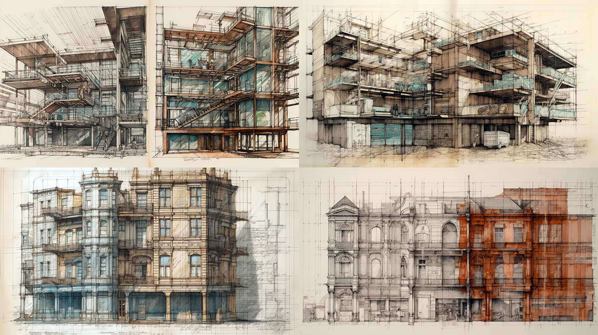 Encontro de Arquitetos AIA24 em Washington D.C.: Conexões e Inovações na Arquitetura 9 Uma imagem mostrando desenhos arquitetônicos mistos, utilizando lápis e prismacolor.