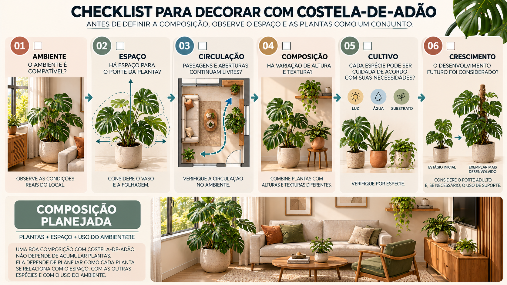 Costela-de-adão na decoração: 10 plantas que combinam com ela 40 Checklist para planejar decoração com costela-de-adão considerando espaço, circulação, composição e cultivo