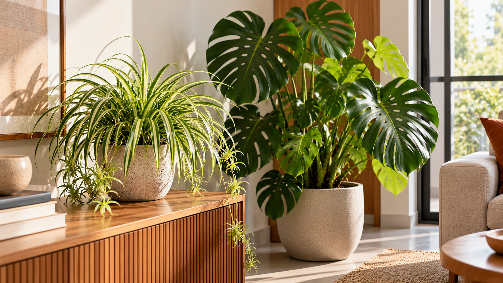 Costela-de-adão na decoração: 10 plantas que combinam com ela 29 Clorofito sobre móvel combinado com costela-de-adão em vaso no piso