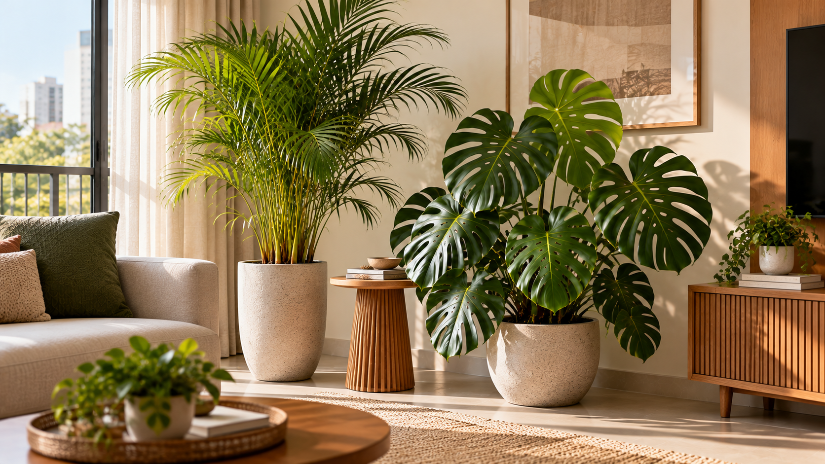 Costela-de-adão na decoração: 10 plantas que combinam com ela 24 Areca e costela-de-adão combinadas em sala com contraste entre folhas finas e largas