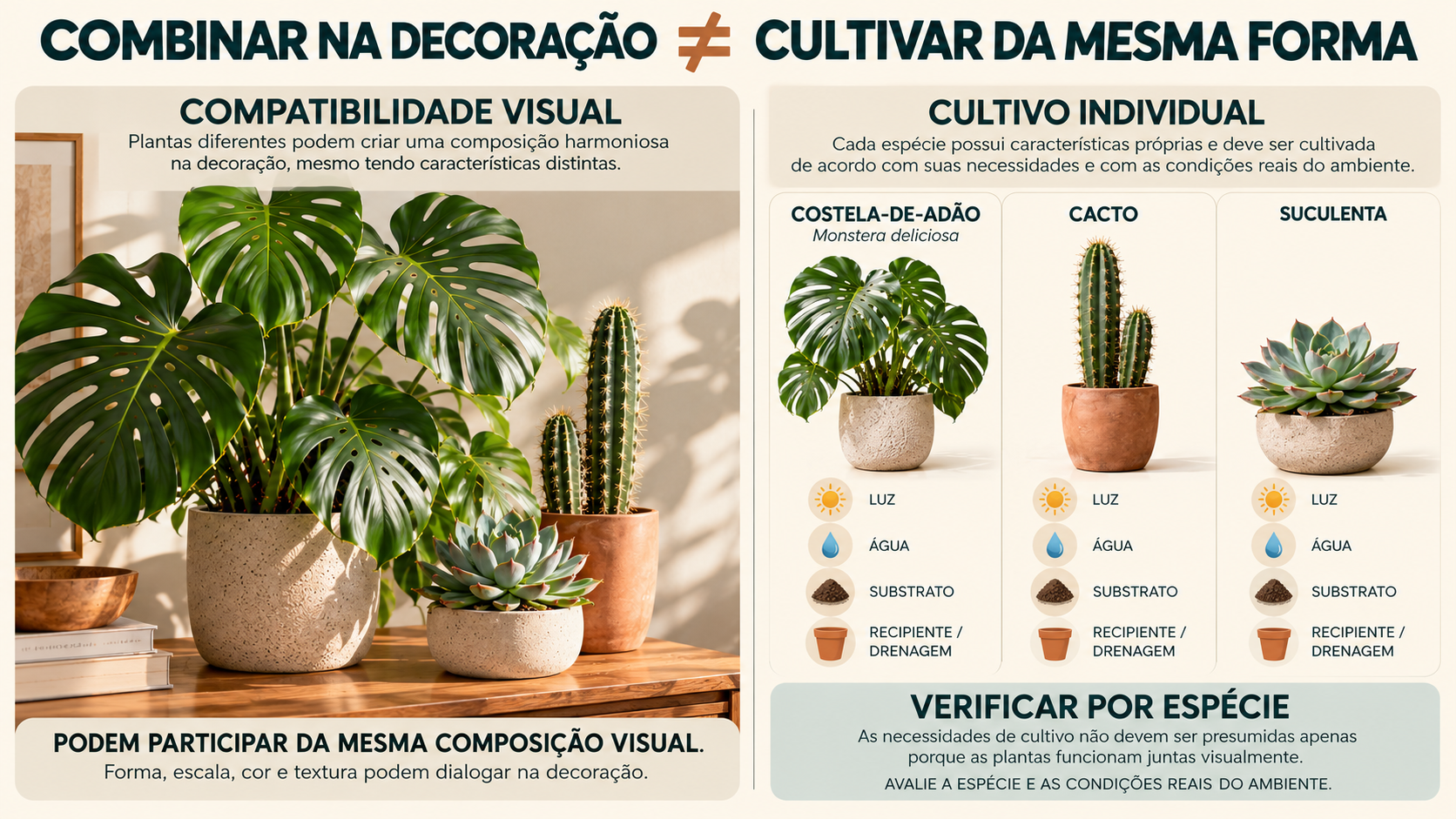 Costela-de-adão na decoração: 10 plantas que combinam com ela 34 Infográfico sobre compatibilidade visual e diferenças de cultivo entre costela-de-adão, cacto e suculenta