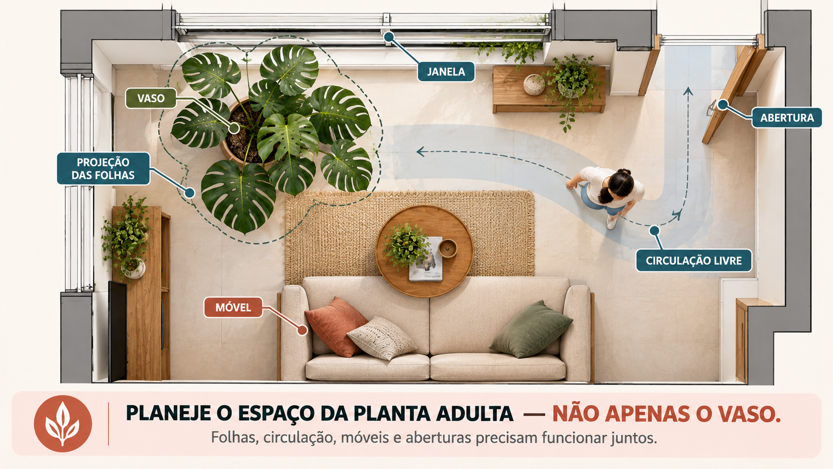 Costela-de-adão na decoração: 10 plantas que combinam com ela 21 Planta baixa mostrando espaço ocupado pela costela-de-adão e circulação ao redor dos móveis