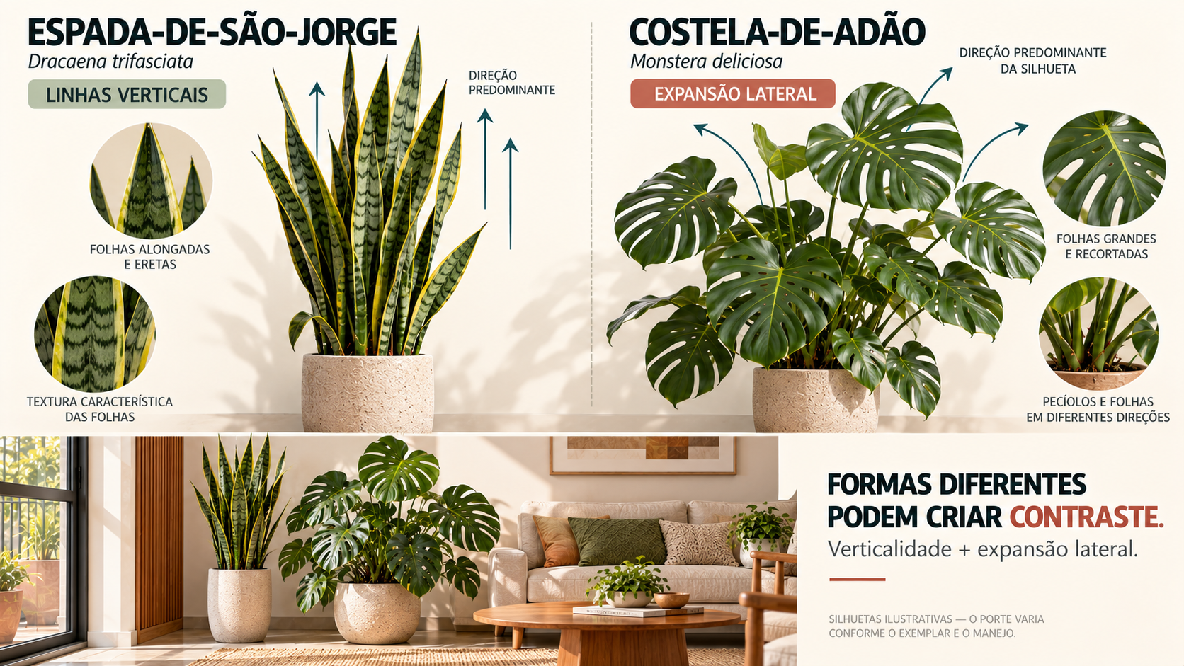 Costela-de-adão na decoração: 10 plantas que combinam com ela 26 Comparação entre folhas verticais da espada-de-são-jorge e folhas abertas da costela-de-adão