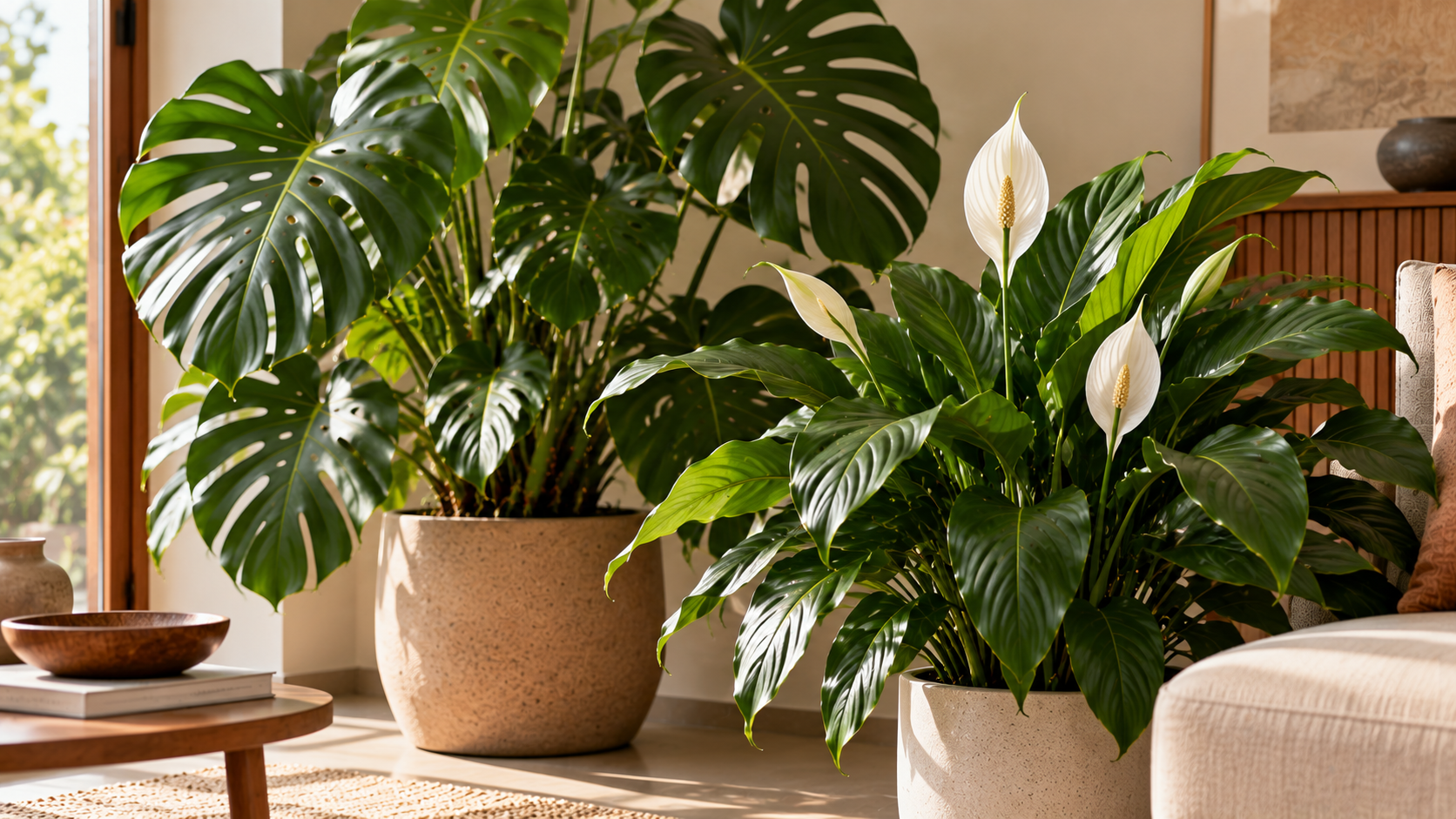 Costela-de-adão na decoração: 10 plantas que combinam com ela 27 Costela-de-adão e lírio-da-paz combinados em vasos separados na decoração