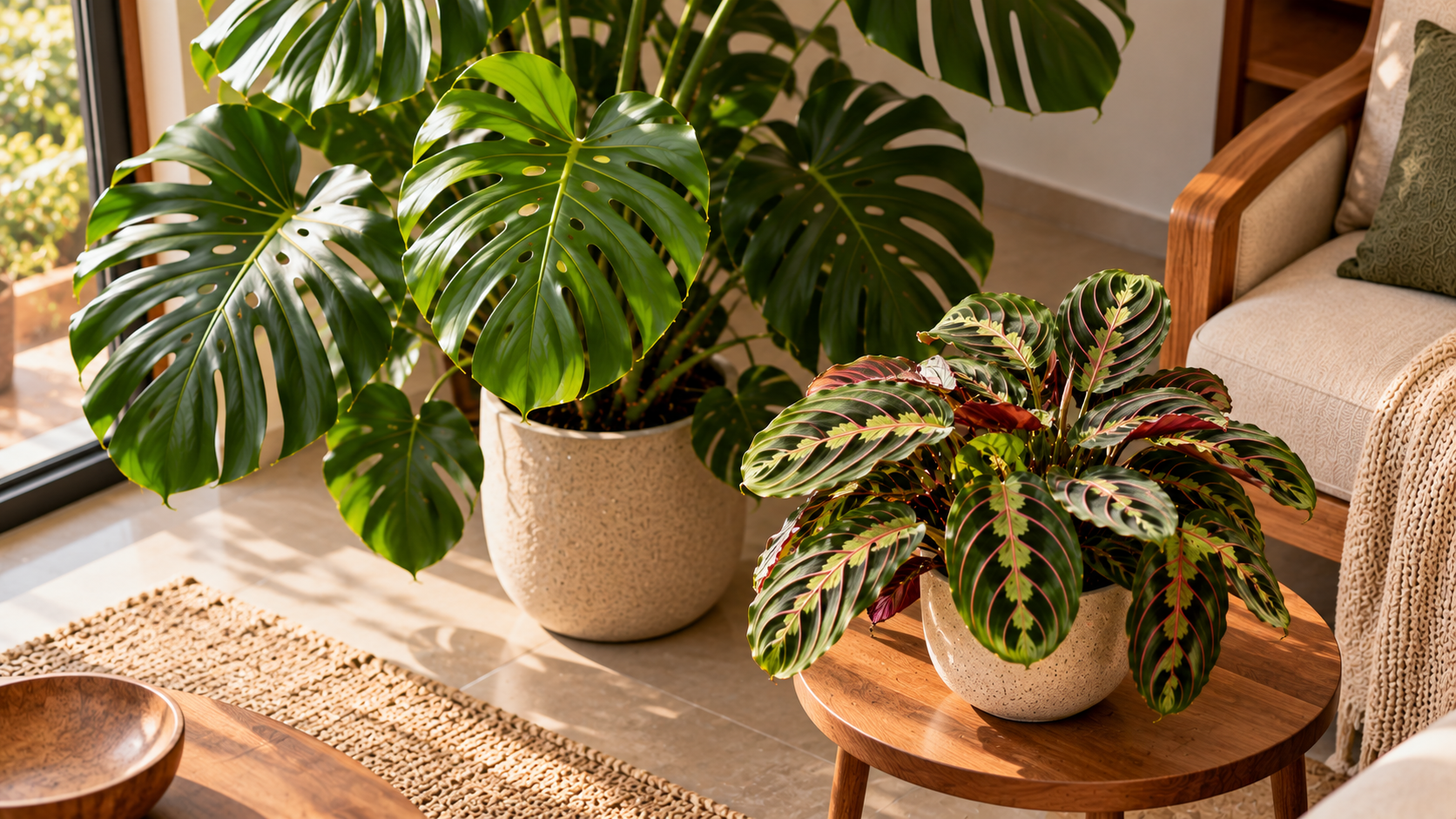 Costela-de-adão na decoração: 10 plantas que combinam com ela 32 Maranta de folhas padronizadas combinada com costela-de-adão em vasos separados