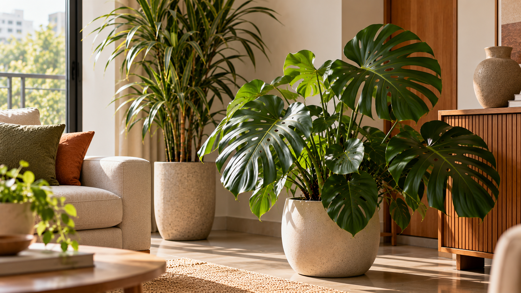 Costela-de-adão na decoração: 10 plantas que combinam com ela 30 Dracena vertical ao fundo e costela-de-adão em primeiro plano formando camadas na sala