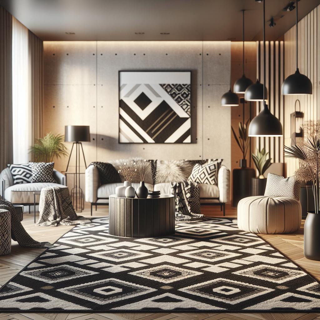 10 Ideias Criativas com Tapetes Pretos e Brancos 2 https://www.tuacasa.com.br/tapete-preto-e-branco/