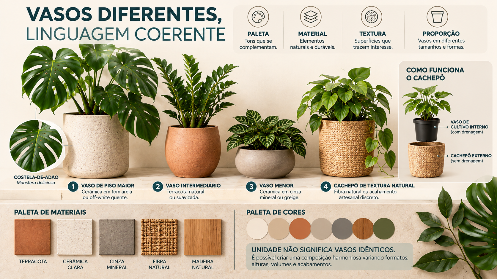 Costela-de-adão na decoração: 10 plantas que combinam com ela 37 Moodboard com diferentes vasos e materiais para composições com costela-de-adão