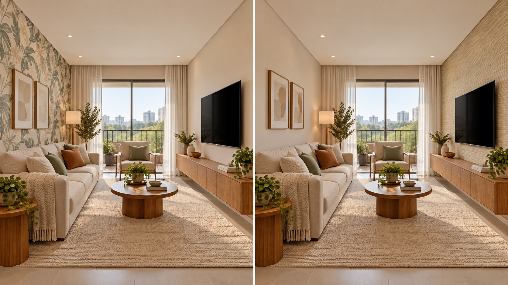 Comparação de duas salas de TV com sofá bege e móveis de madeira: uma com papel de parede botânico atrás do sofá e outra com textura neutra atrás da televisão.
