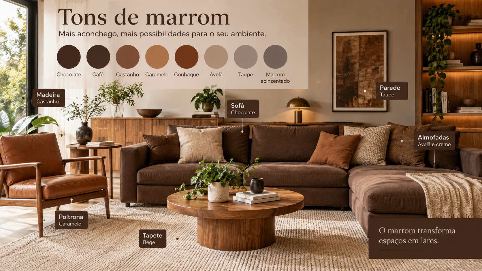 Conheça 8 tons de marrom, veja quais cores combinam e descubra como usar marrom claro, chocolate, café, caramelo e taupe em cada ambiente. Conheça 8 tons de marrom, veja quais cores combinam e descubra como usar marrom claro, chocolate, café, caramelo e taupe em cada ambiente.