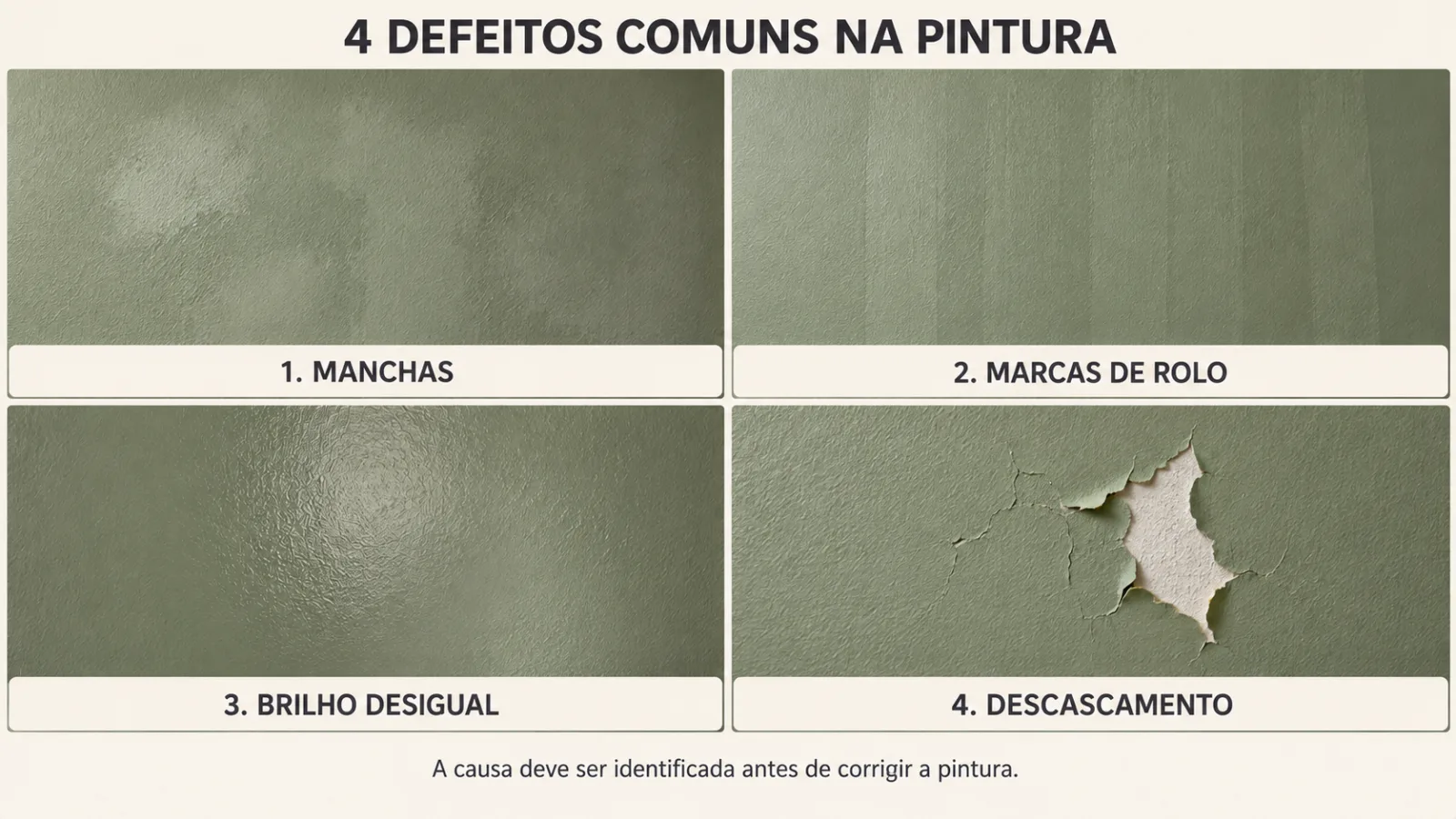 Como pintar parede verde-sálvia: 7 etapas para acertar 7 Infográfico com quatro defeitos comuns de pintura verde-sálvia: manchas, marcas de rolo, diferenças de brilho e descascamento