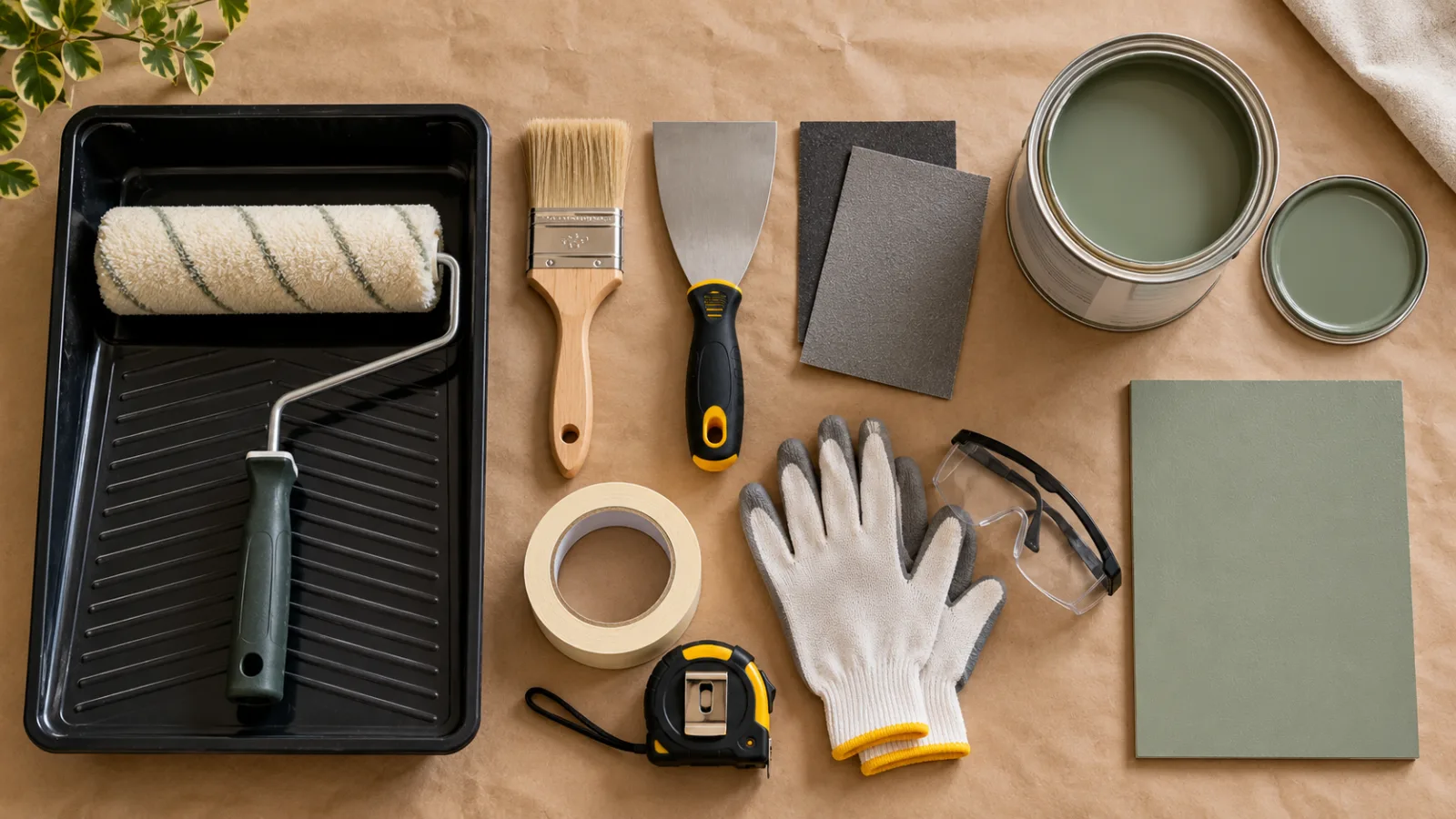 Como pintar parede verde-sálvia: 7 etapas para acertar 6 Ferramentas para pintura de parede organizadas sobre bancada, incluindo rolo, trincha, bandeja, fita de proteção, espátula, lixas e amostra de tinta verde-sálvia.
