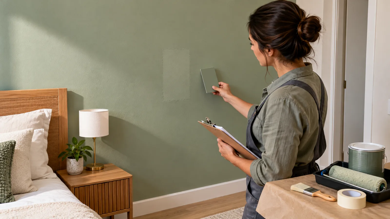 Como pintar parede verde-sálvia: 7 etapas para acertar 8 rofissional avaliando um pequeno retoque em parede verde-sálvia fosca de quarto residencial, com luz lateral revelando diferenças sutis no acabamento.