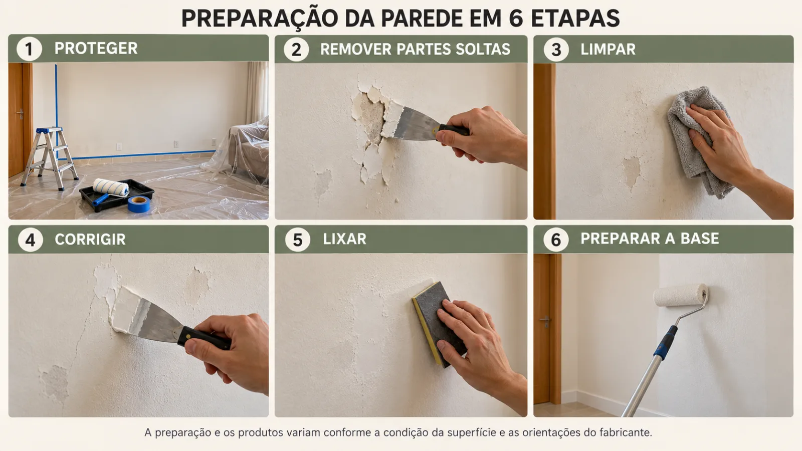 Como pintar parede verde-sálvia: 7 etapas para acertar 4 Infográfico com seis etapas de preparação da parede antes da pintura: proteger, remover partes soltas, limpar, corrigir, lixar e preparar a base.