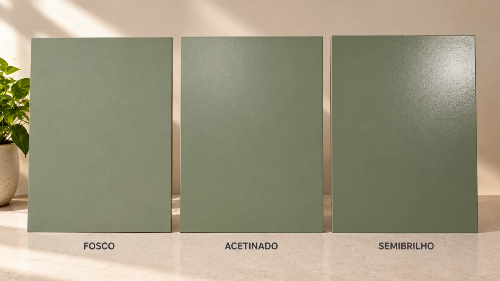 Como pintar parede verde-sálvia: 7 etapas para acertar 5 Comparação de três amostras de tinta verde-sálvia com acabamentos fosco, acetinado e semibrilho, mostrando diferenças de reflexão da luz.