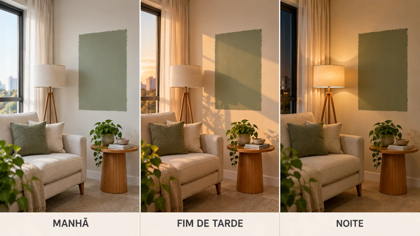 Como pintar parede verde-sálvia: 7 etapas para acertar 3 Comparação da mesma amostra de tinta verde-sálvia na parede durante a manhã, no fim da tarde e à noite, mostrando o efeito da iluminação na percepção da cor.