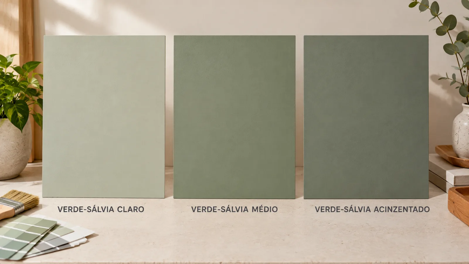 Como pintar parede verde-sálvia: 7 etapas para acertar 2 Três amostras de pintura verde-sálvia em tonalidades clara, média e acinzentada, apresentadas lado a lado sob iluminação uniforme.