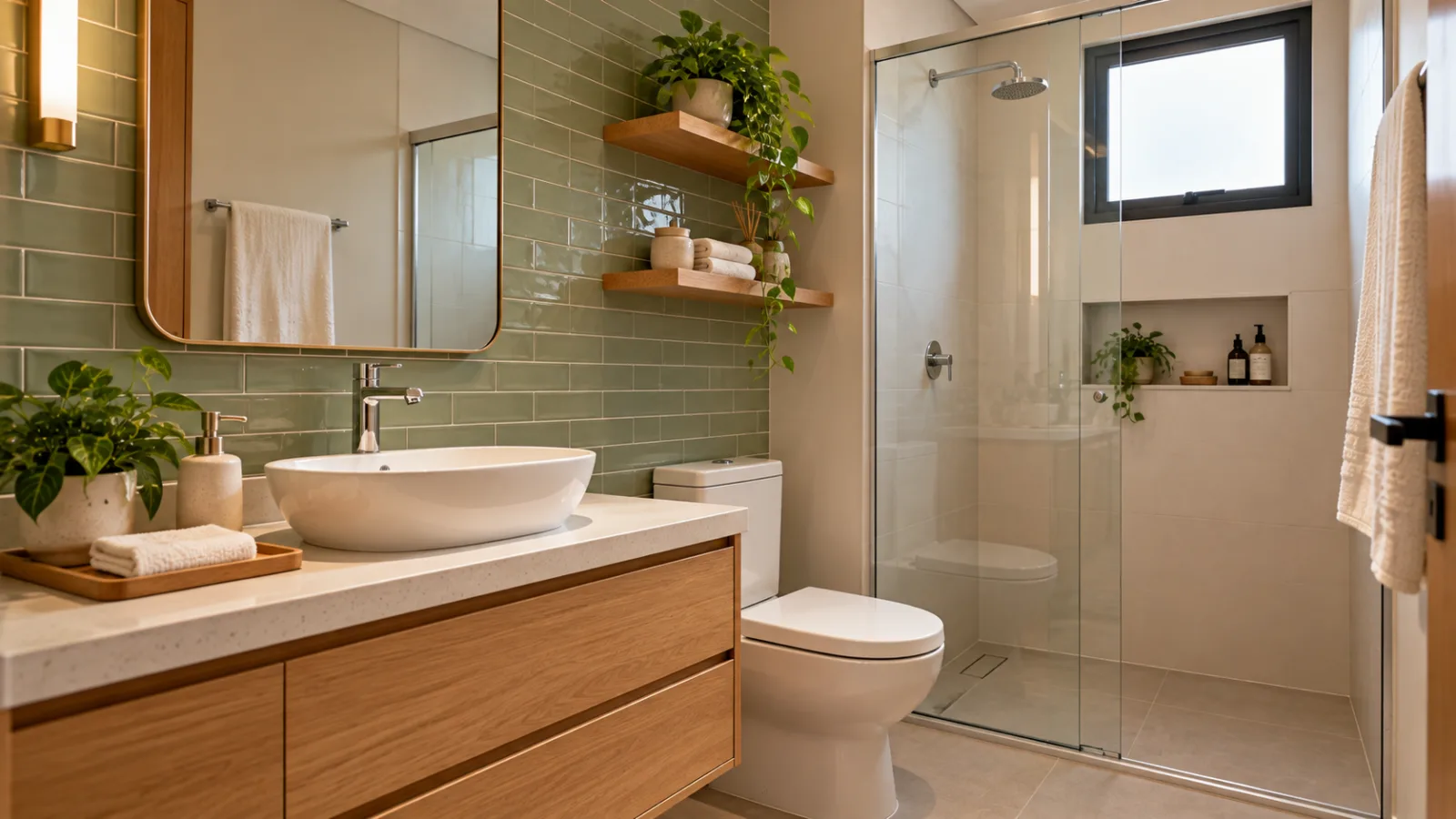 Banheiro compacto com revestimento cerâmico verde sálvia, bancada clara, gabinete de madeira natural e box de vidro transparente.