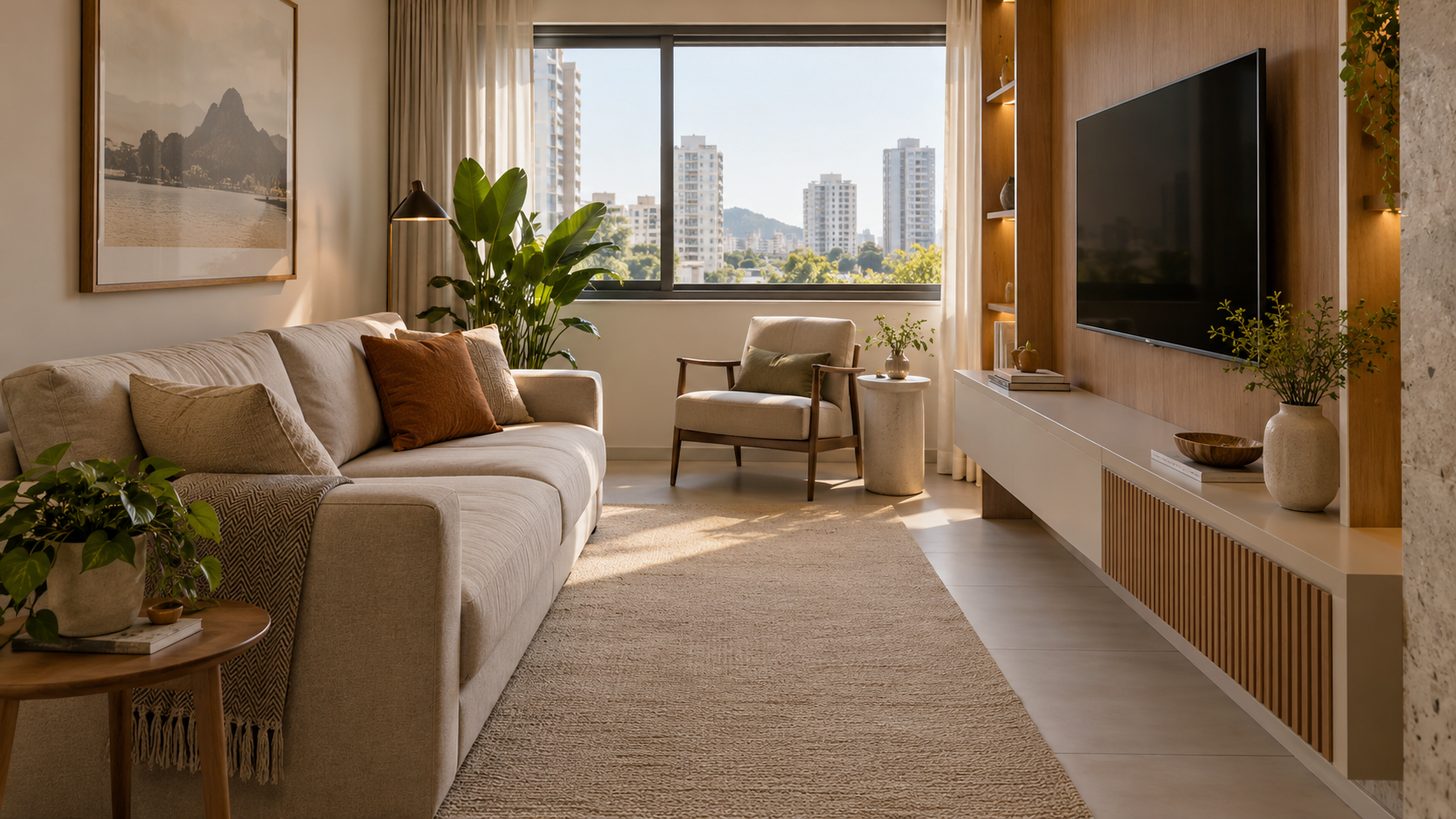 Decoração de apartamento pequeno: 10 ideias para ganhar espaço 1 Sala pequena com sofá compacto e passagem livre entre os móveis