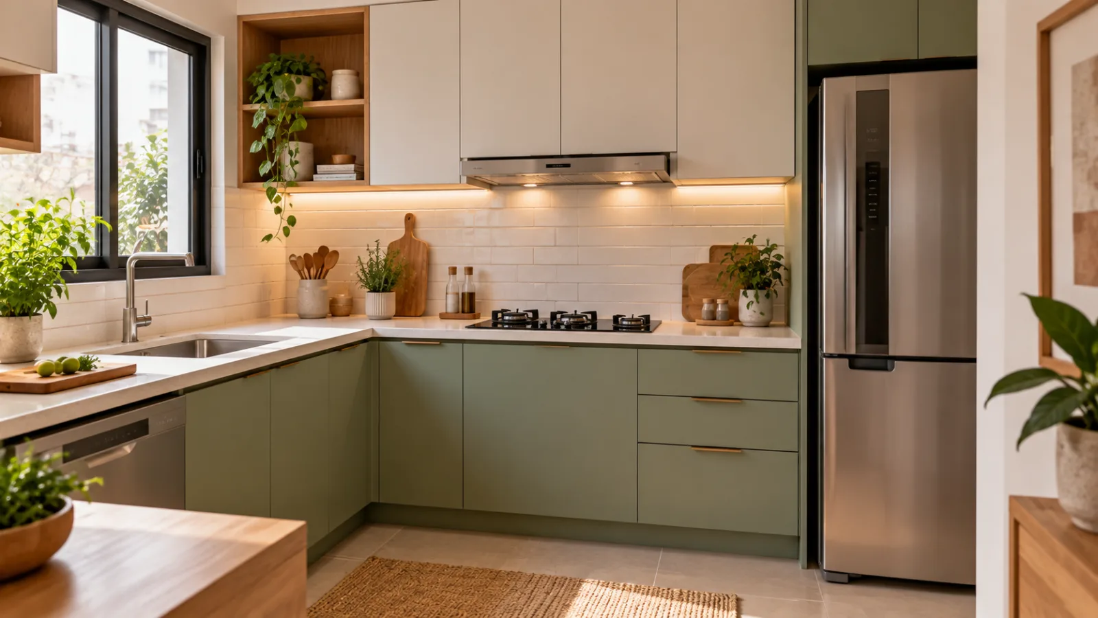 Verde sálvia na decoração: 10 maneiras de transformar sua casa 3 Cozinha pequena em L com armários inferiores verde sálvia, bancada clara, armários superiores brancos e detalhes em madeira natural.
