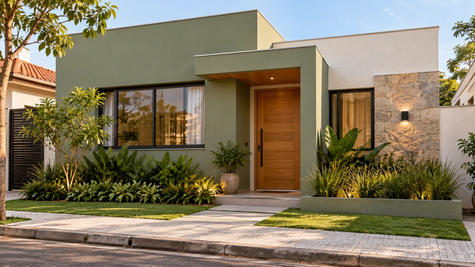 Fachada de casa térrea brasileira com parede verde sálvia, porta de madeira natural, revestimento claro e jardim frontal.