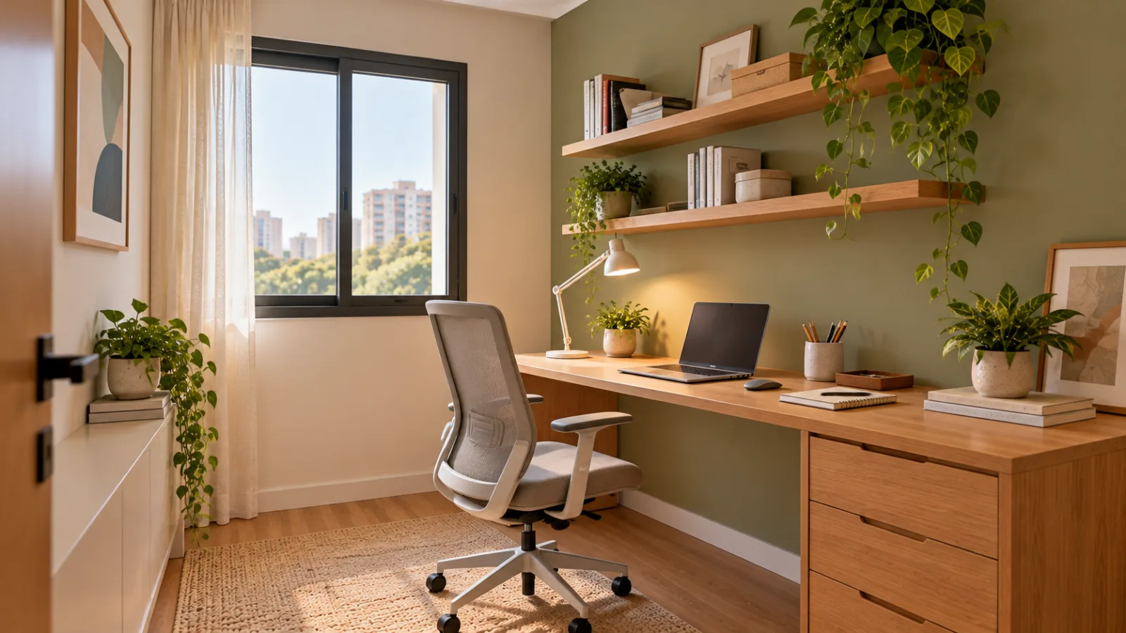 Home office compacto com parede verde sálvia, bancada de madeira clara, cadeira ergonômica e prateleiras organizadas.