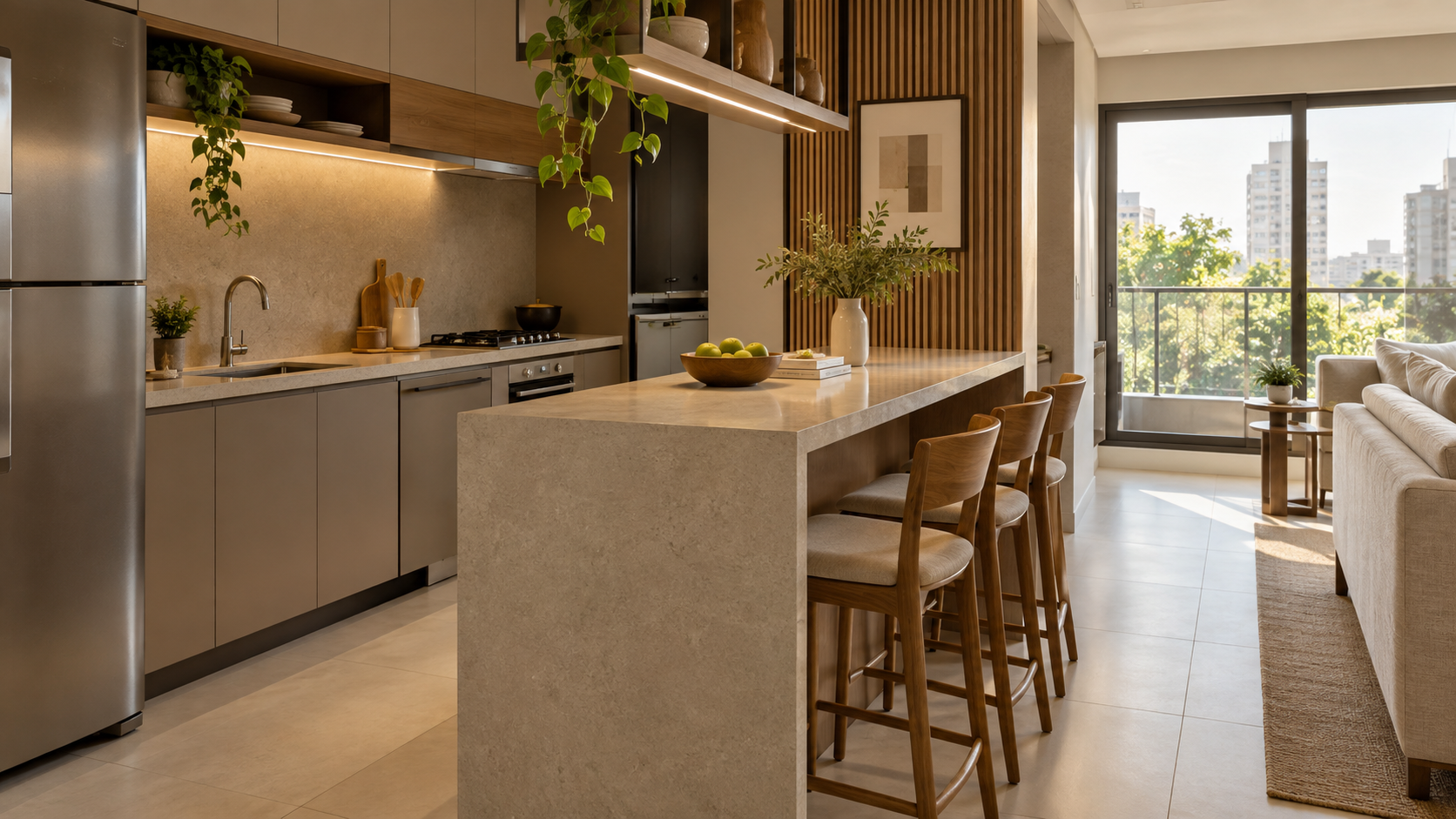 Decoração de apartamento pequeno: 10 ideias para ganhar espaço 2 Mesa compacta integrada à bancada em apartamento pequeno