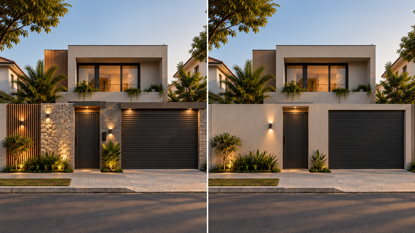 Muros modernos: ideias, materiais e como combinar com a fachada 4 Comparação de fachada com muitos materiais e composição mais controlada