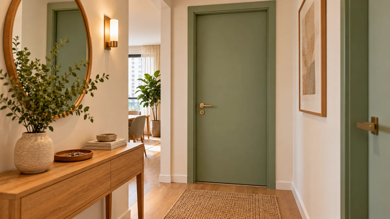 Hall de entrada compacto com porta interna verde sálvia, paredes branco-creme, piso de madeira clara e aparador estreito.
