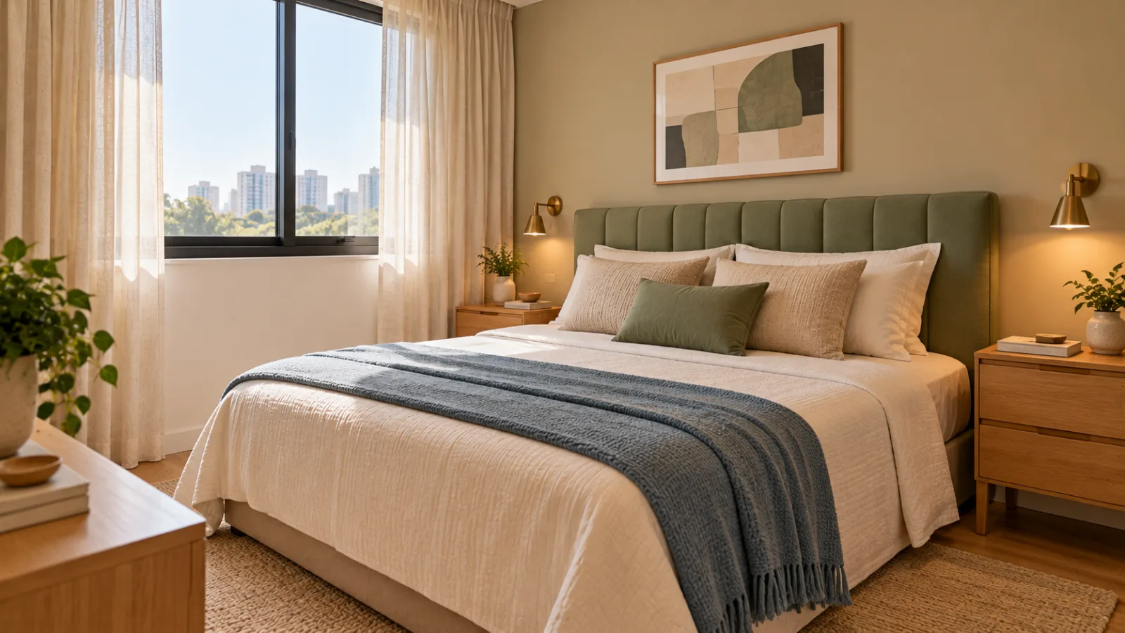 Verde sálvia na decoração: 10 maneiras de transformar sua casa 6 Quarto de casal com cabeceira estofada verde sálvia, roupa de cama branca, manta azul-acinzentada e móveis de madeira clara.