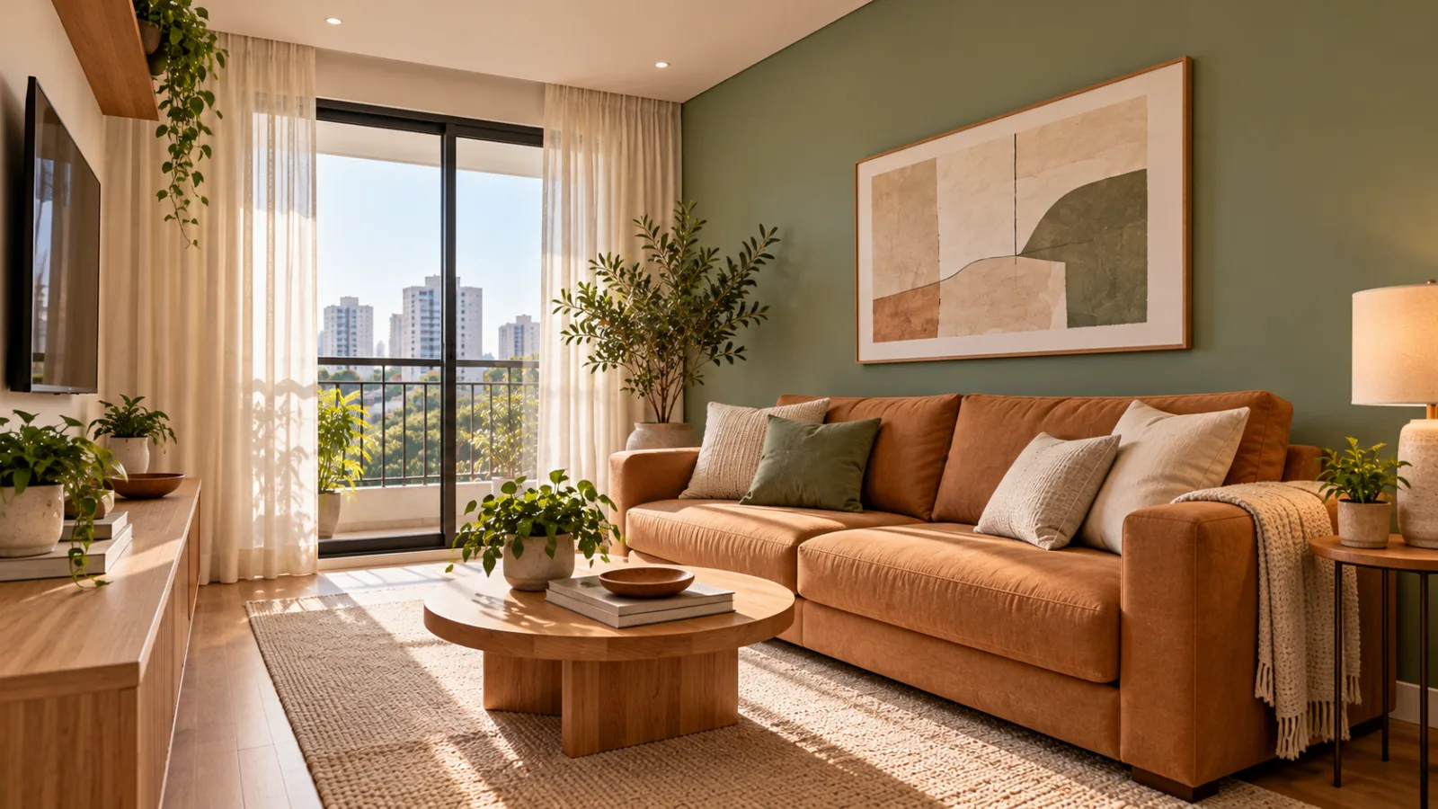 Sala de estar compacta com parede verde sálvia, sofá caramelo, mesa de madeira clara e decoração em tons neutros.