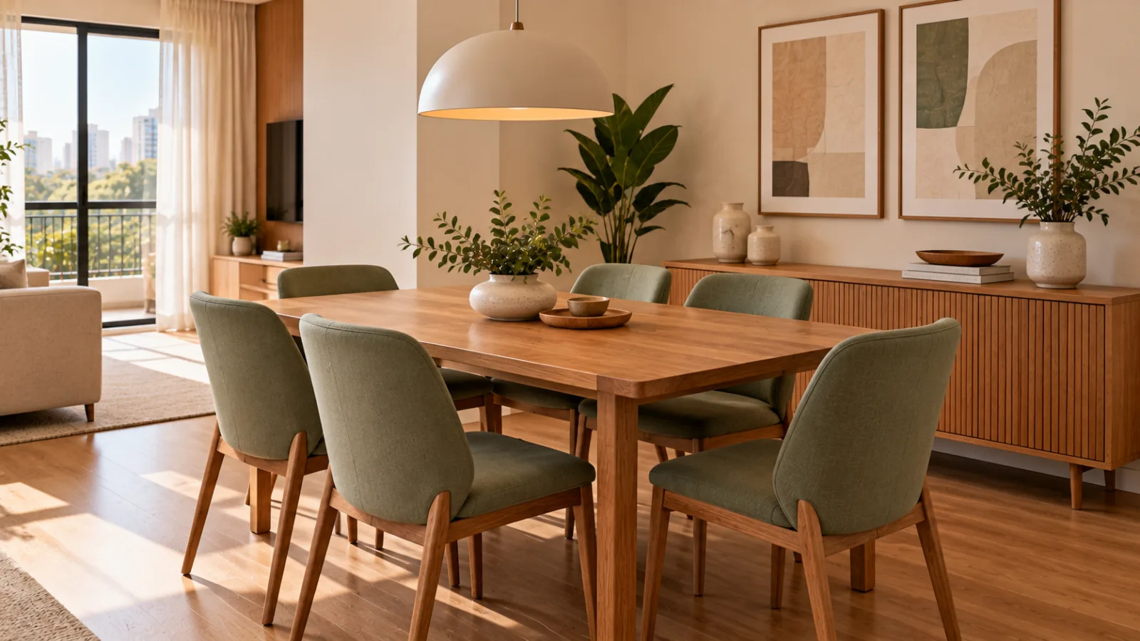 Sala de jantar contemporânea com mesa retangular de madeira natural, seis cadeiras estofadas verde sálvia e paredes claras.