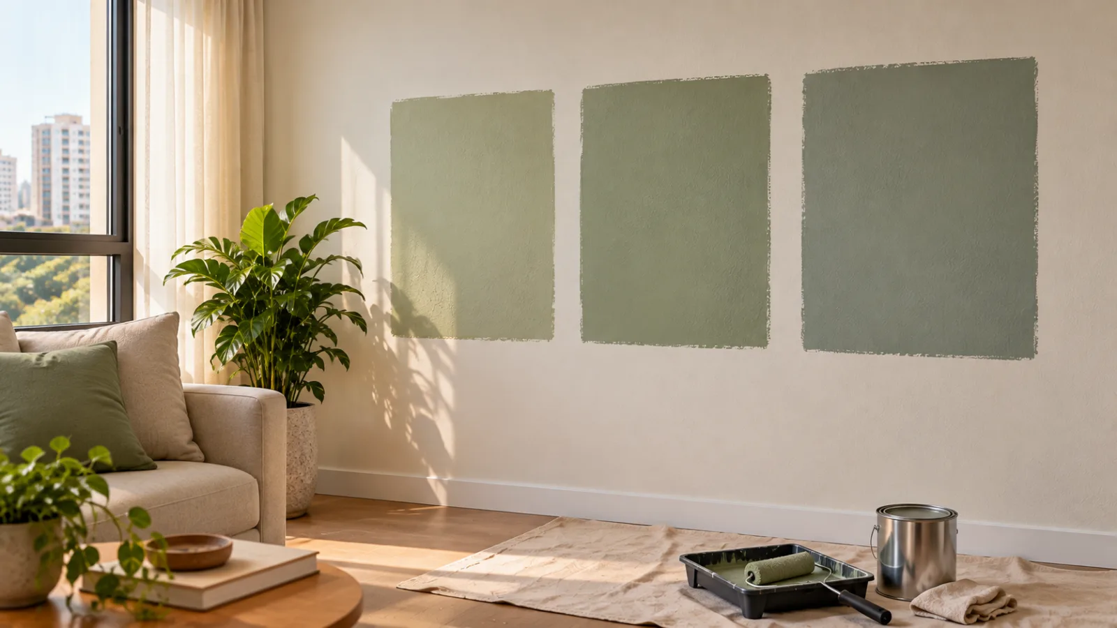 Três amostras de tinta verde sálvia aplicadas diretamente em parede clara para comparar tonalidades antes da pintura.