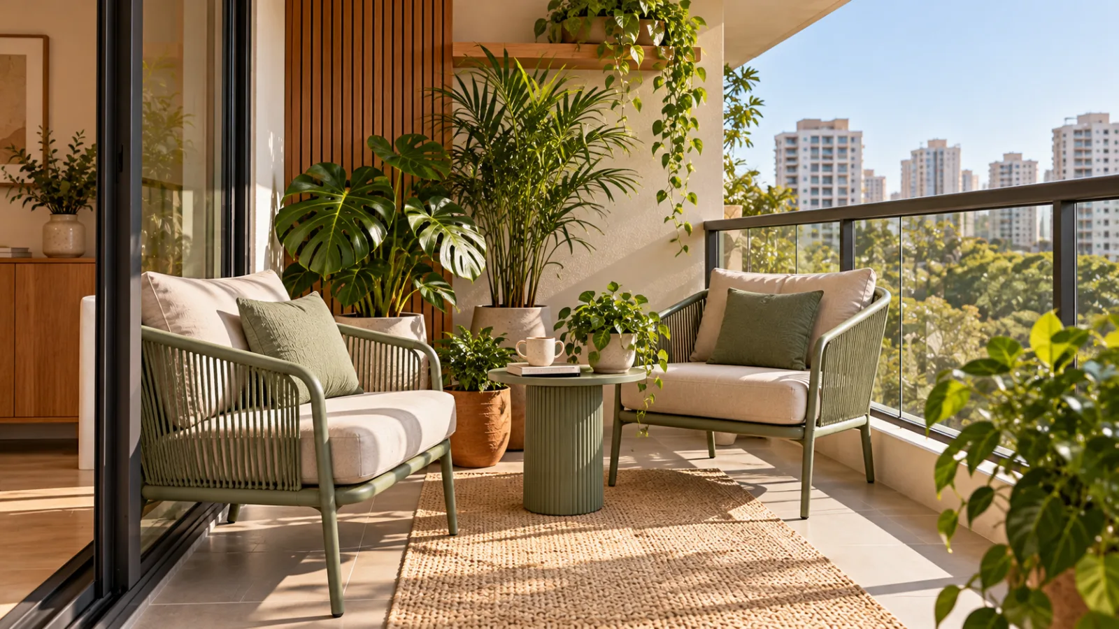 Verde sálvia na decoração: 10 maneiras de transformar sua casa 9 Varanda compacta de apartamento com duas poltronas verde sálvia, mesa lateral, vasos de cerâmica e plantas tropicais.