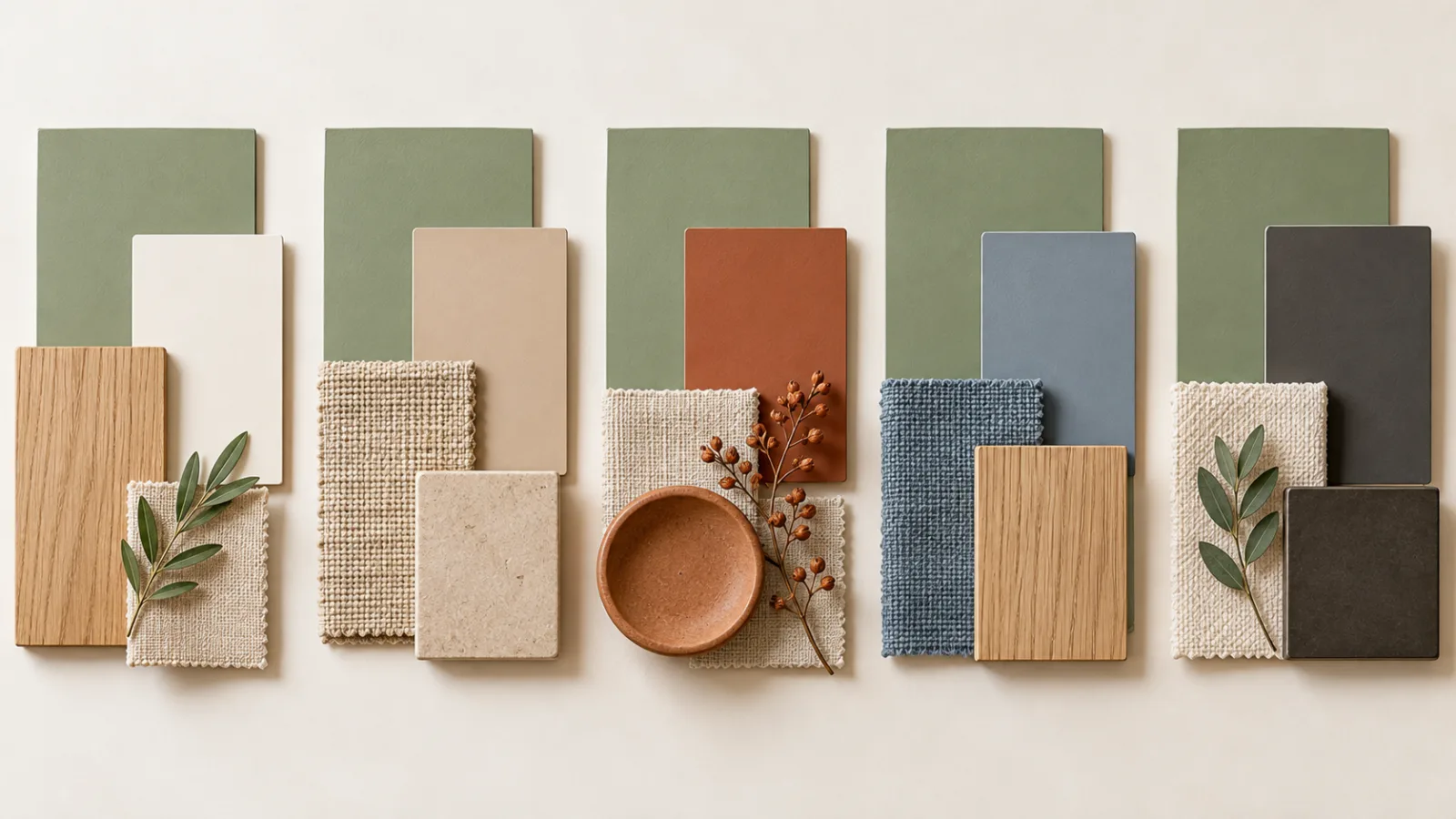 Moodboard com cinco combinações de verde sálvia: branco e madeira, bege e areia, terracota, azul-acinzentado e grafite.