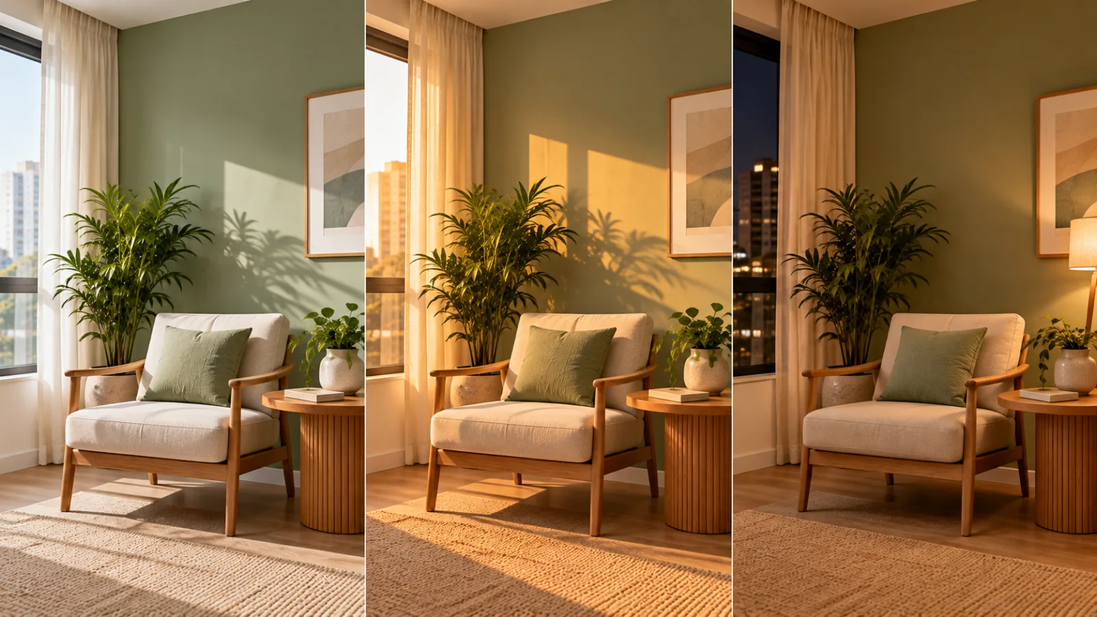 Comparação da mesma parede verde sálvia sob três condições de iluminação: luz natural da manhã, luz quente do fim de tarde e luz artificial noturna.