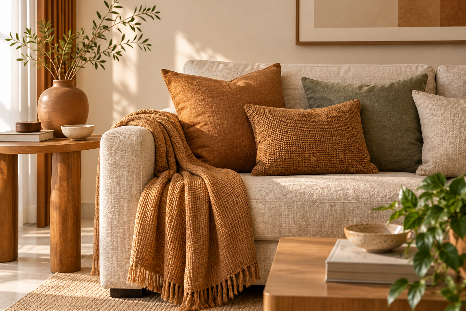 Cor Caramelo: Tons, Combinações e 10 Ideias para Decorar 5 Sofá de linho cru com almofadas caramelo e verde-sálvia, manta caramelo e vaso de cerâmica em tom mel.