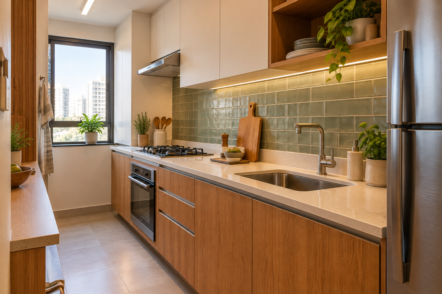 Cor Caramelo: Tons, Combinações e 10 Ideias para Decorar 7 Cozinha compacta com armários inferiores amadeirados caramelo, superiores claros e revestimento cerâmico verde-sálvia.