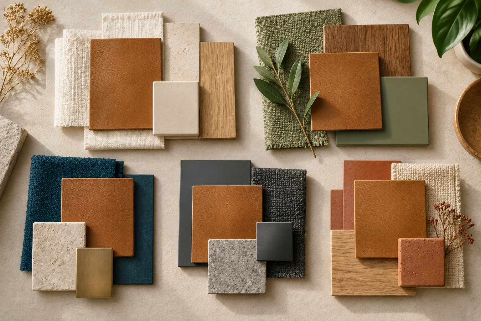 Cor Caramelo: Tons, Combinações e 10 Ideias para Decorar 2 Moodboard com cinco combinações da cor caramelo usando branco e bege, verde-sálvia, azul-petróleo, grafite e terracota