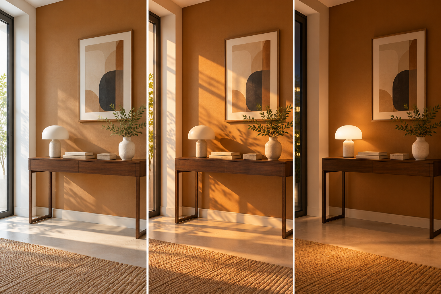 Cor Caramelo: Tons, Combinações e 10 Ideias para Decorar 9 Comparação da mesma parede caramelo sob luz natural da manhã, luz do fim da tarde e iluminação artificial à noite.