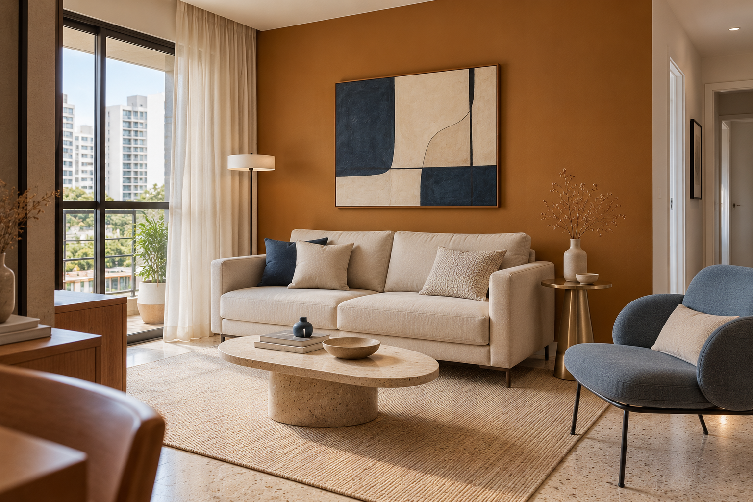 Cor Caramelo: Tons, Combinações e 10 Ideias para Decorar 3 parede-caramelo-sala-pequena