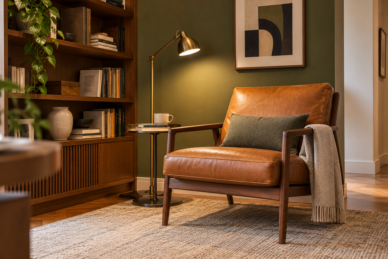 Cor Caramelo: Tons, Combinações e 10 Ideias para Decorar 4 Poltrona caramelo em canto de leitura com parede verde-oliva.