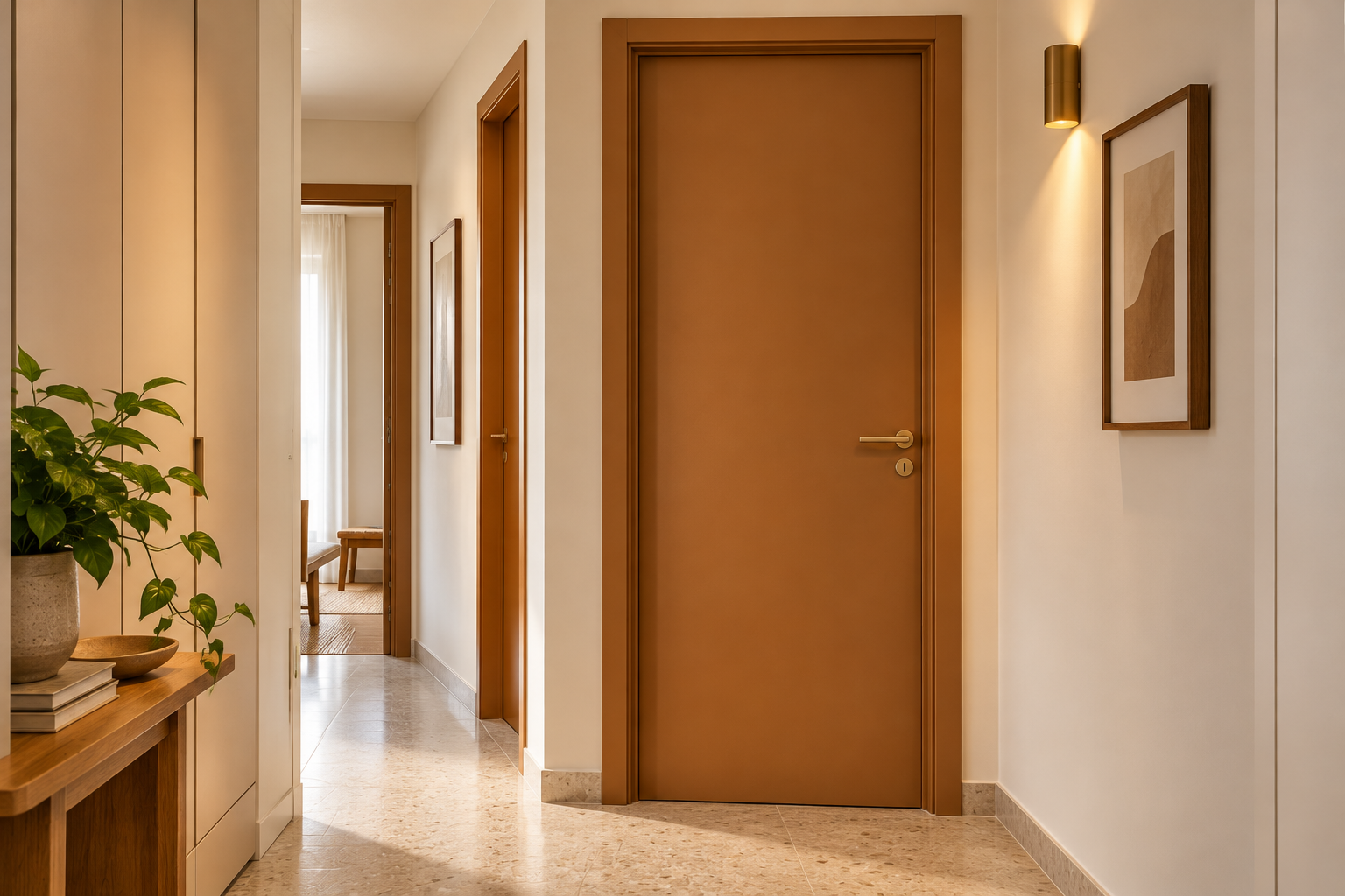 Cor Caramelo: Tons, Combinações e 10 Ideias para Decorar 12 Porta interna pintada de caramelo médio com maçaneta em metal escovado, paredes branco-creme e piso de granilite claro.