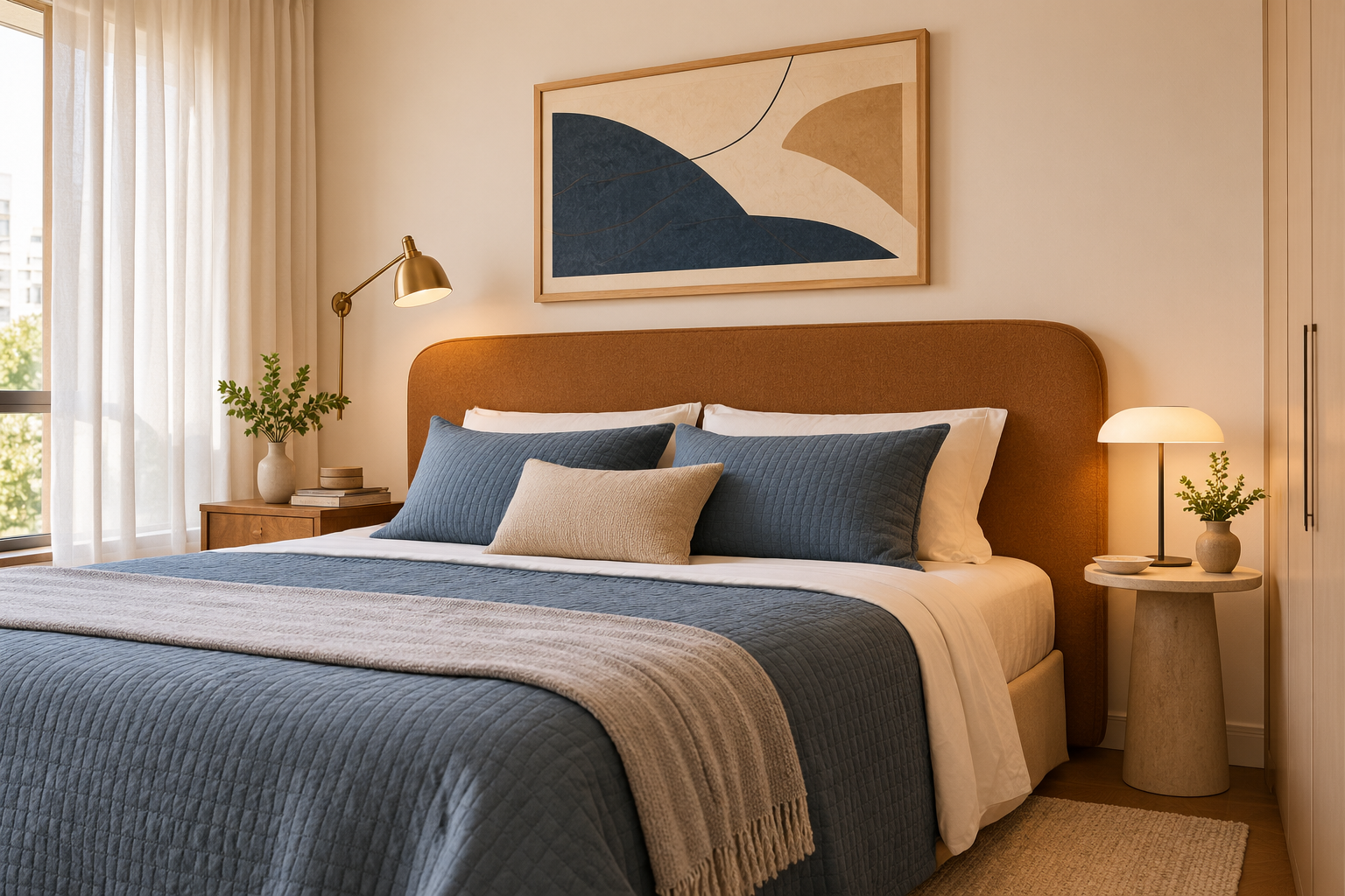Cor Caramelo: Tons, Combinações e 10 Ideias para Decorar 6 Quarto de casal com cabeceira estofada caramelo, roupa de cama azul-acinzentada, paredes claras e iluminação suave.