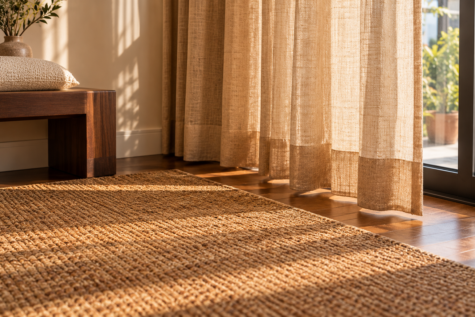 Cor Caramelo: Tons, Combinações e 10 Ideias para Decorar 8 Detalhe de tapete caramelo com trama aparente e cortinas de linho caramelo claro iluminadas pela luz natural.