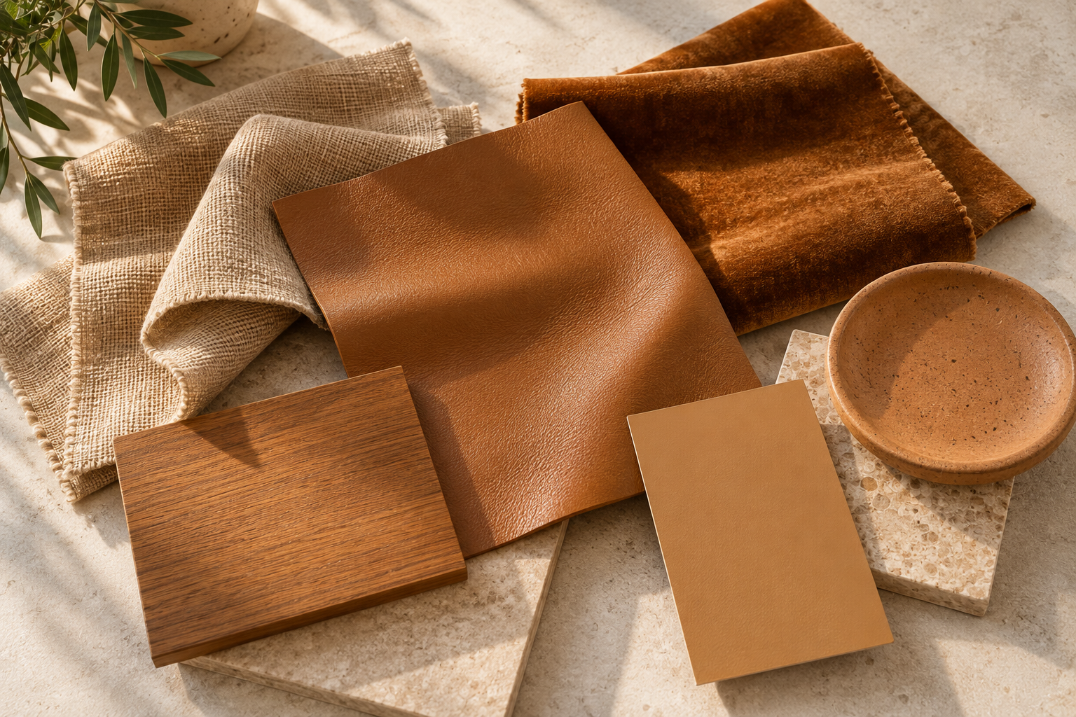 Cor Caramelo: Tons, Combinações e 10 Ideias para Decorar 11 Amostras de couro, linho, veludo, madeira, cerâmica e pintura fosca em diferentes tons de caramelo.