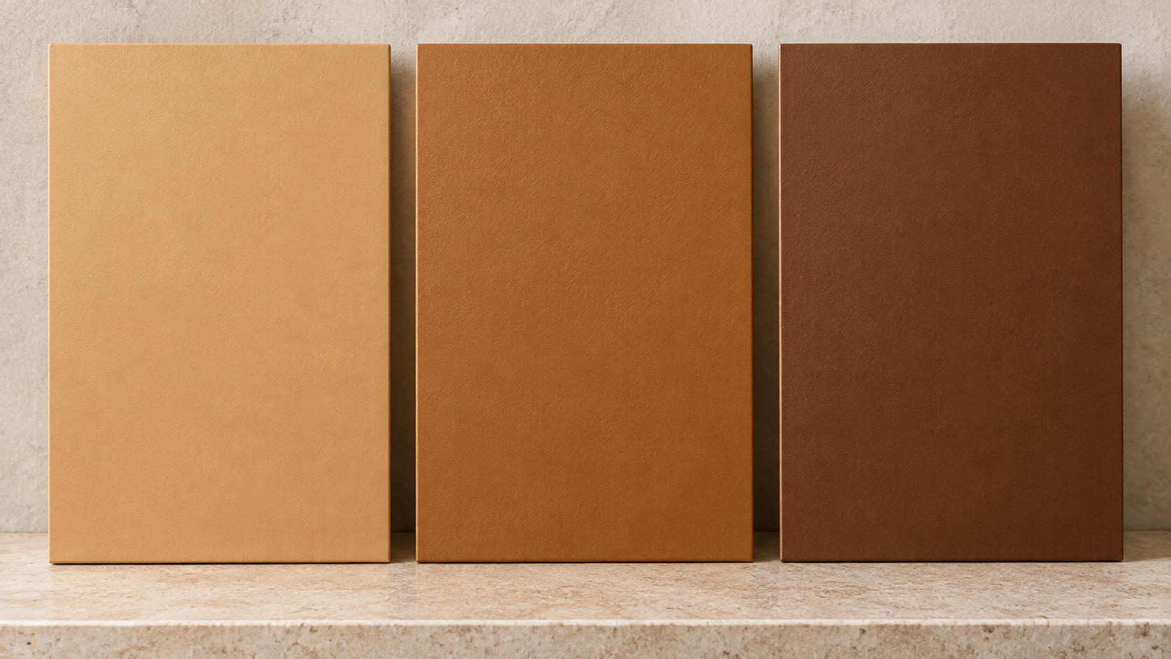Cor Caramelo: Tons, Combinações e 10 Ideias para Decorar 1 Três amostras de pintura em tons de caramelo claro, médio e escuro, organizadas lado a lado para comparação.