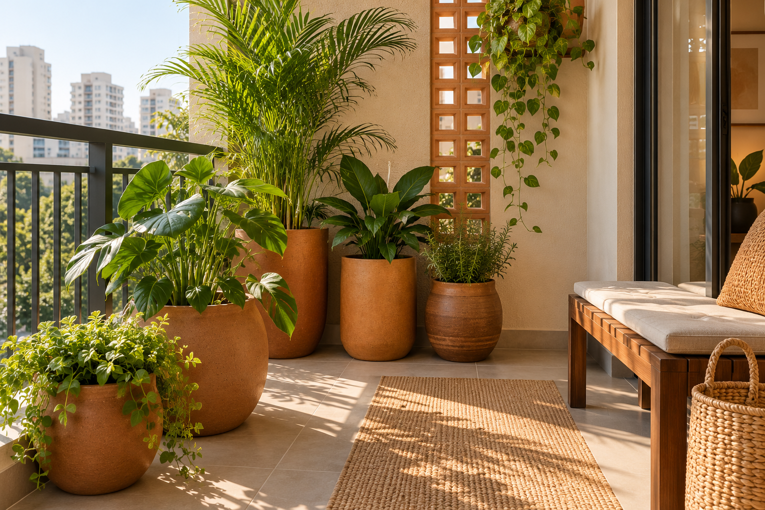 Cor Caramelo: Tons, Combinações e 10 Ideias para Decorar 10 Varanda compacta de apartamento com vasos de cerâmica caramelo, plantas tropicais e piso claro.